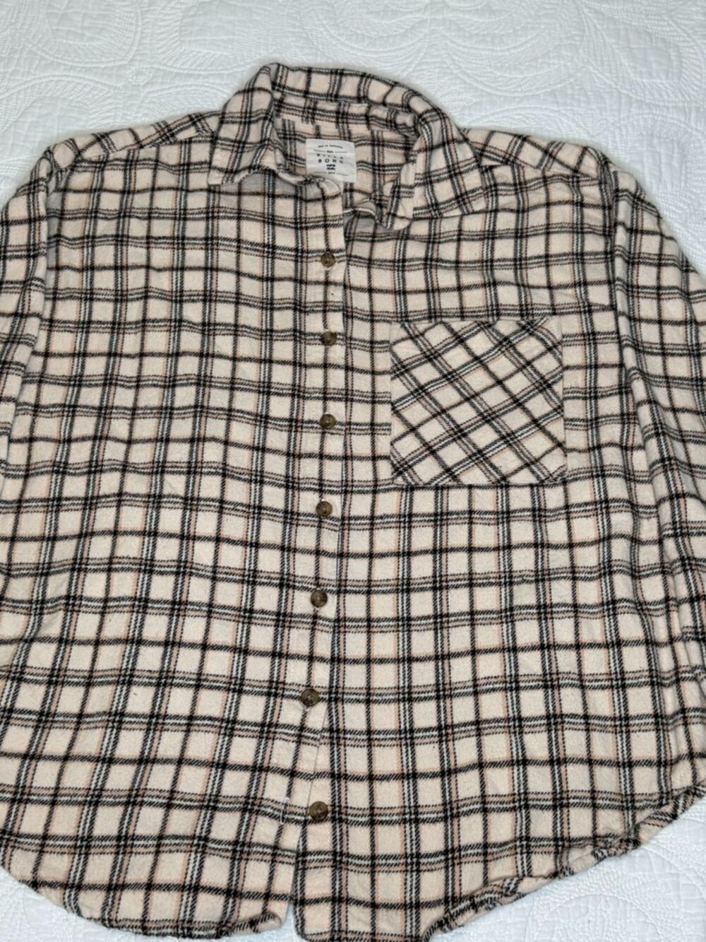 Billabong Cream Black Peach Plaid Cotton Flannel Shirt L